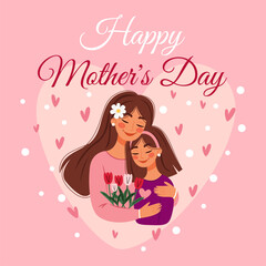 Illustration of mother and daughter on a light pink background.Greeting card for Mother's Day.