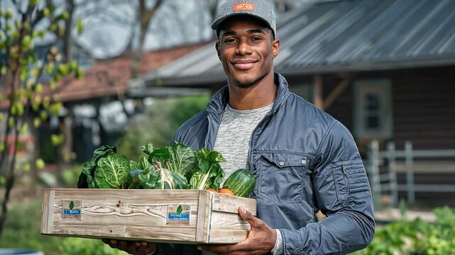A Young Man Carrying A Wooden Box Filled With Organic Vegetables, Showcasing A Farm-To-Table Lifestyle.