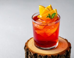 A cocktail glass with a red-orange drink, garnished with orange slices and mint, sits elegantly on a rustic wooden stump against a natural backdrop.