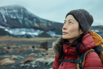 Portrait of a middle aged adult Asian woman hiking in Volcanic Landscapes in Iceland