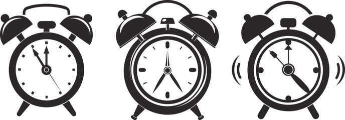Classic alarm clocks showing different times wake up time management black and white silhouette vector illustration symbol