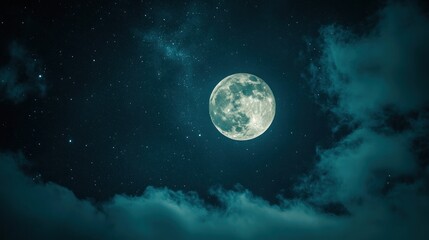 Obraz premium Ethereal lunar glow cascading over celestial clouds and twinkling stars