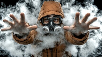Fototapeta premium A person in a gas mask reaches out through a cloud of smoke