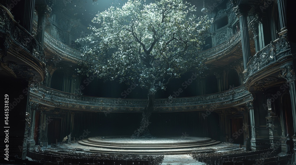 Poster intricate indoor setting showcasing a large tree.