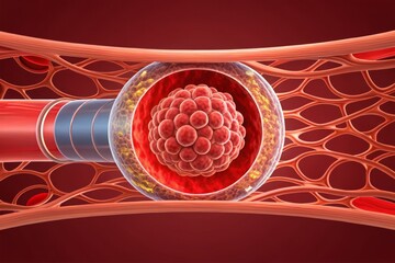 A fertilized human embryo travels through the fallopian tube surrounded by intricate blood vessels and tissue structures.
