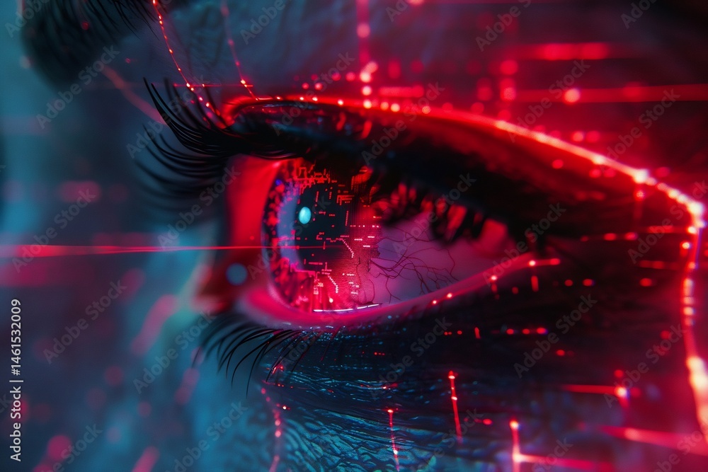 Aufkleber advanced augmented reality: a close-up digital eye with data streams, futuristic vision