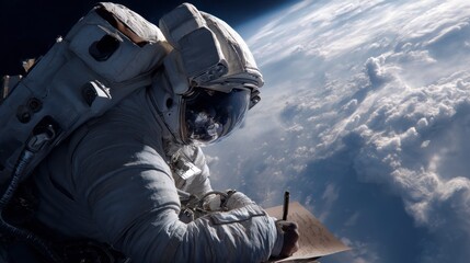 Astronaut in space writing notes while observing Earth from above, clouds visible below