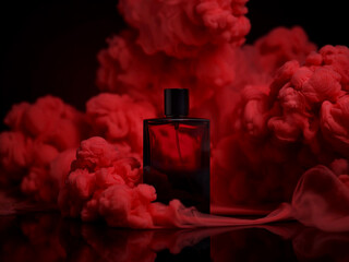 Luxurious Red Perfume Bottle Amidst Dramatic Ink Clouds