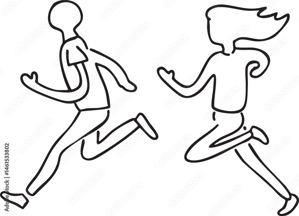 Poster two figures are running in a dynamic forward motion.