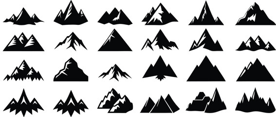 Mountain silhouette icons set. Mountain and hills vector collection