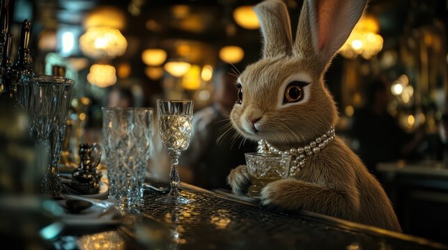 A rabbit in a sophisticated bar setting, sipping a drink