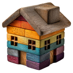A simple toy house constructed from six multicolored wooden blocks, isolated on a clean white studio background.