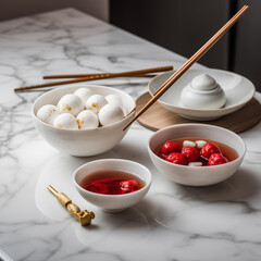 Fototapeta premium Rice Dumplings (Tangyuan), tangyuan served on a modern marble countertop in minimalist white ceramic bowls with gold chopsticks beside, surrounded by festive red envelopes and tea.
