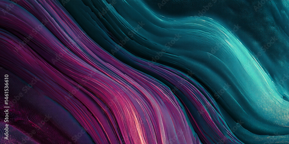 Fototapete Abstract image of flowing teal and purple textile texture, creating a dynamic and vibrant visual, showcasing elegance and modern design, suitable for various applications