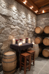 An elegant wine tasting room features stone walls, wooden barrels, a dark table adorned with candles and flowers, creating a warm and inviting atmosphere