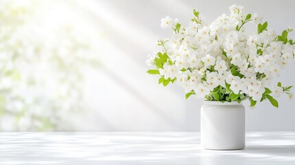 Fototapeta premium A bouquet of white flowers in a simple white vase, bathed in sunlight. Soft natural light filters through a window, illuminating the flowers and a blurred background of out-of-focus greenery