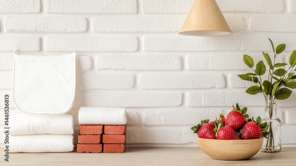 Poster fresh strawberries and minimal objects on bright countertop strawberries fresh countertop minimal