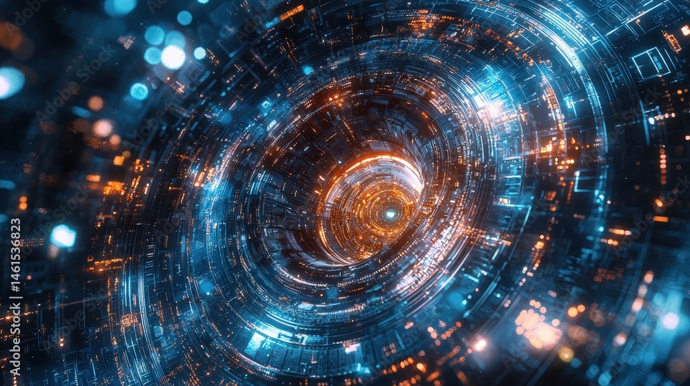 Poster abstract digital tunnel with glowing light patterns.