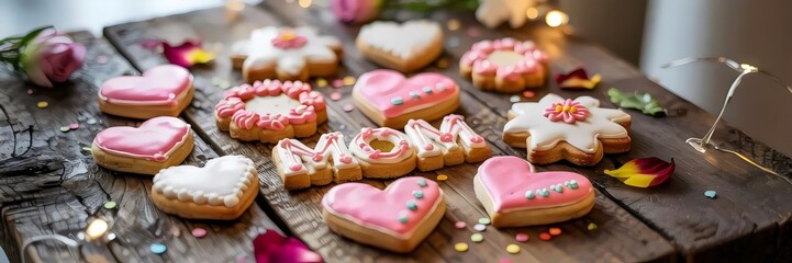 Decorated cookies with sprinkles and flower petals on wooden table – Perfect for baking, Mother's Day, or culinary branding.