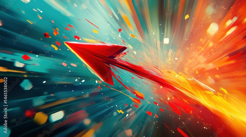 Poster dynamic red arrow spinning in mid-air, creating a sense of motion and energy, set against a vibrant,