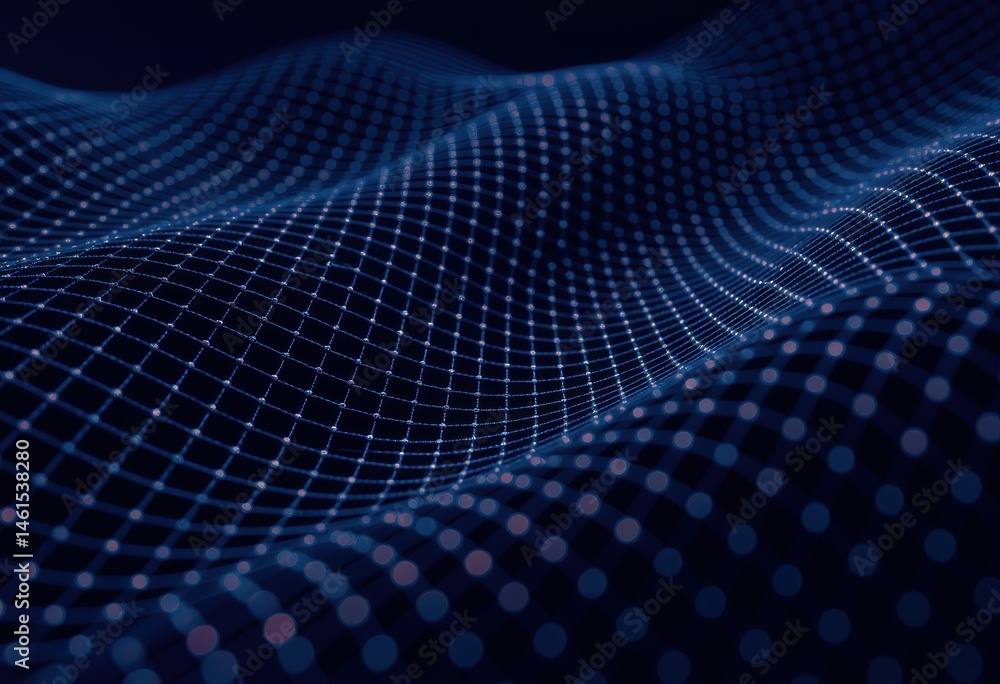 Poster abstract digital wave pattern with glowing dots and grid lines