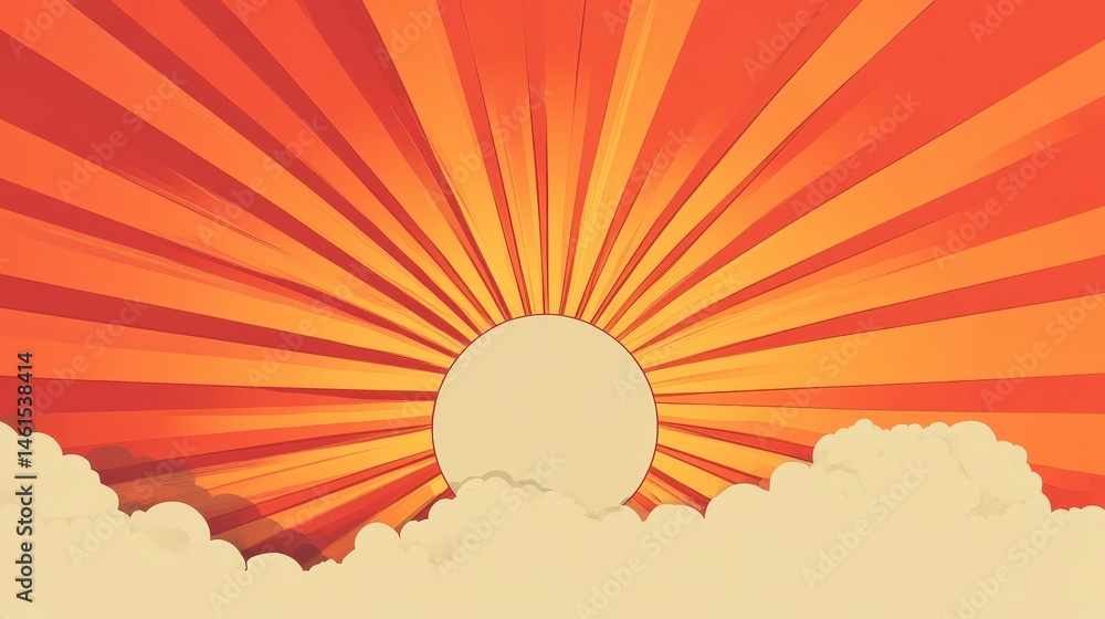 Poster dynamic vector of sun rays emitting from a cloud, blending into a warm orange and red sky, symbolizi