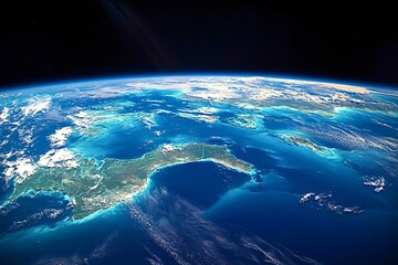 Planet earth rotating showing hispaniola island from space with its coasts, land and clouds, with a view of the caribbean sea and atlantic ocean