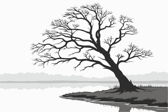 17 Black and white photography, lone gnarled tree, smooth water surface, minimalist landscape, bare branches, reflections, ethereal atmosphere, misty horizon, long exposure, stark contrast, serene sti