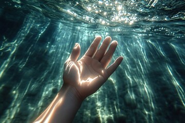 Sunbeams filtering through crystal-clear water illuminate an outstretched hand, creating a mesmerizing underwater scene of tranquility and connection with nature