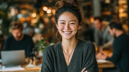 Productive cafe scene with young Asian woman smiling and working remotely, modern tech lifestyle