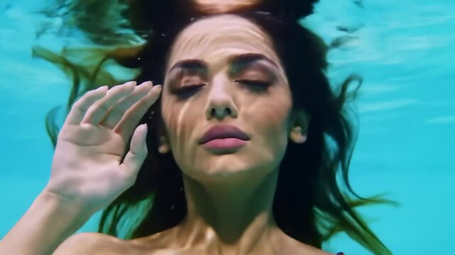 A woman's serene face is seen underwater, eyes closed, dark hair flowing, as light patterns dapple her skin. For beauty, artistic, or dreamlike sequences. Submerged tranquility. 4k 60 fps.
