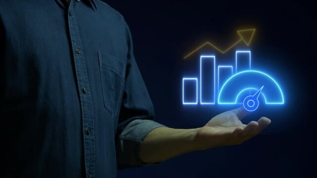 Benchmarking concept, something that serves as a standard by which others may be measured or judged. Businessman shows glowing neon line of Benchmark icon on virtual screen.