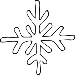 A delicate symmetrical snowflake in black outline.