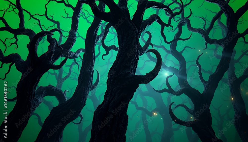 Poster isolated on green screen background of dark twisted voxel trees in a spooky forest for horror and fa