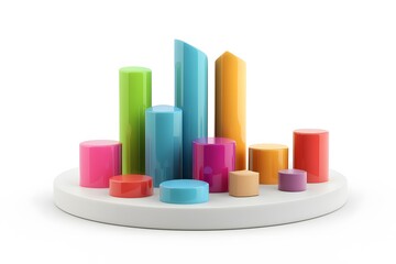 Abstract colorful 3d cylinder shapes arranged on a white circular platform