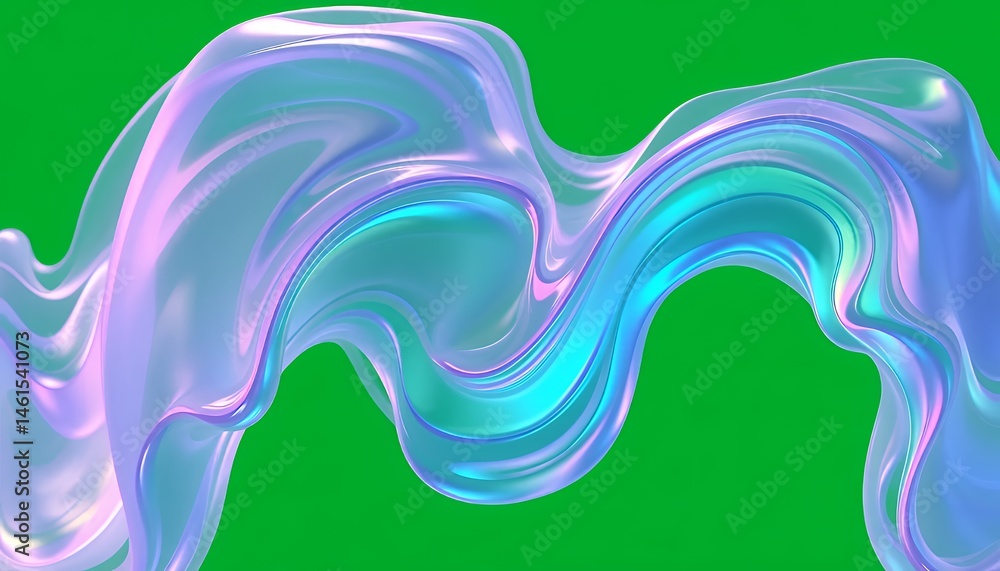Poster translucent iridescent fluid isolated on green screen with flowing curves and colorful reflections p