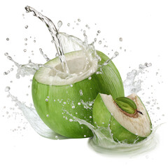 Tropical Refreshment: A refreshing splash of coconut water cascades from a freshly opened coconut, creating a dynamic scene of natural refreshment and invigorating flavor.