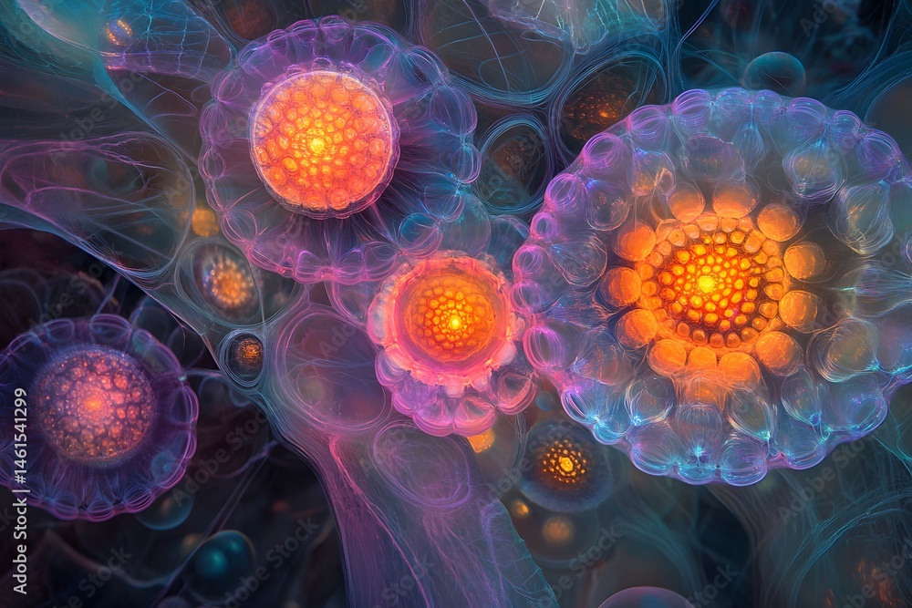 Poster abstract fractal art illustration of bioluminescent forms with glowing energy and cellular structure