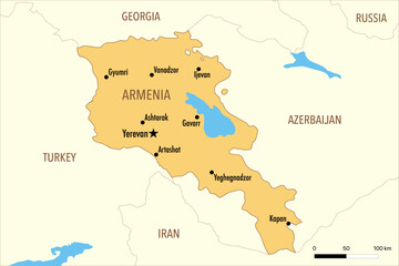 Obraz premium Vector Map of Armenia with Major Cities and Neighboring Countries – Editable Illustration