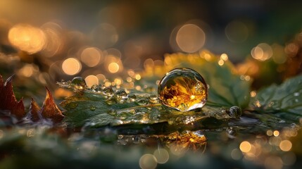 Macro close-up of a single dew drop on a leaf in forest at dawn with warm golden light, emerald green tones, shallow depth of field, detailed water reflection, peaceful and natural atmosphere