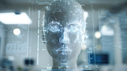 Futuristic digital human interface with transparent ai data overlay