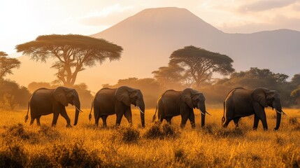 Fototapeta premium Majestic elephants traverse a golden savanna at sunrise.