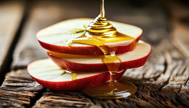 Fresh apple slices stacked with honey drizzle on rustic wooden surface with copy space