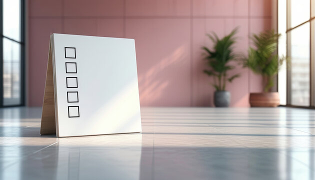 Minimalist empty white checklist page in modern interior with potted plants and ceramic floor, with copy space