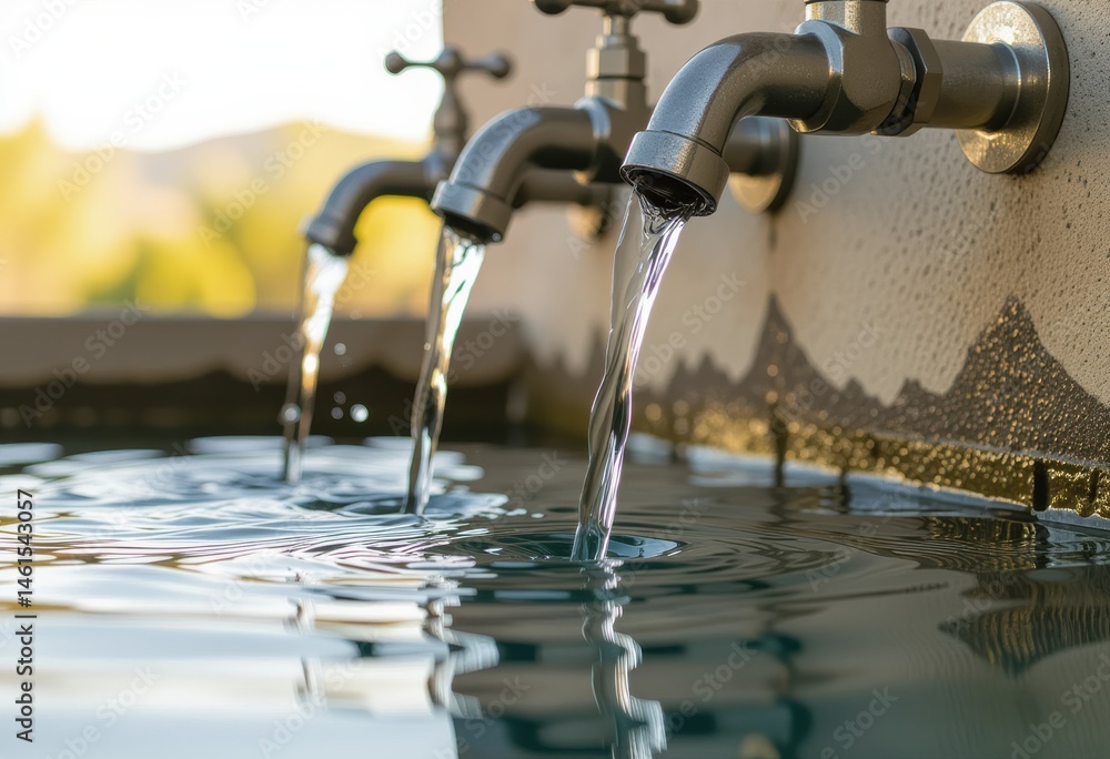 Poster water flowing from three faucets into a tranquil pool, creating ripples