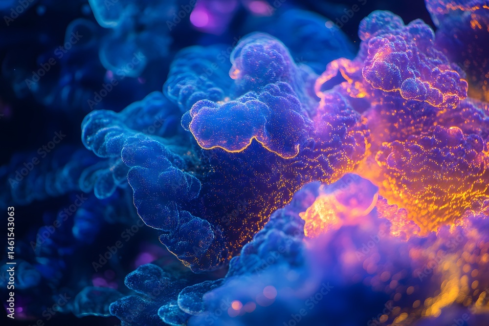 Poster abstract image of glowing blue and orange fractal shapes with bokeh effect and soft edges.