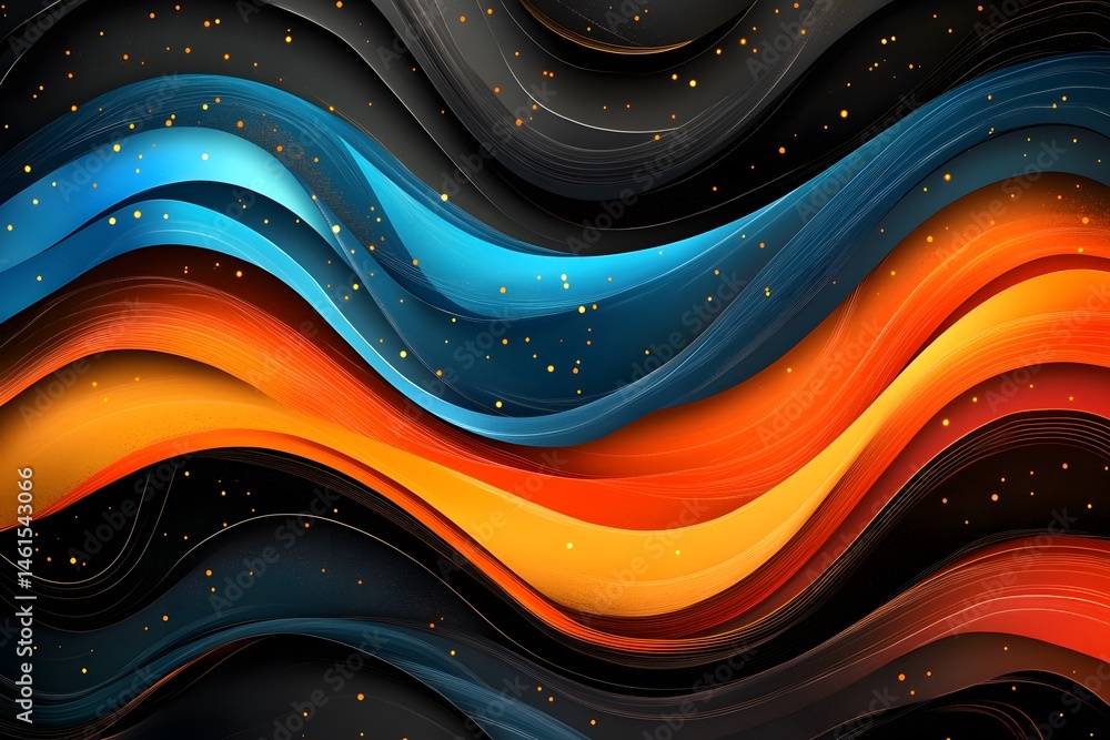 Poster abstract layered colorful dynamic waves with glowing particles background design