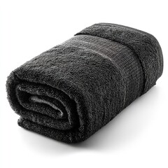 The center of the frame features a neatly rolled black towel, set against a pure white background, showing off the towel's crisp texture.