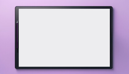 Top view of a blank checklist on digital tablet with pen on purple background with copy space