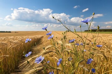 Obraz premium Blooming cornflowers in a wheat field in summer. High quality photo